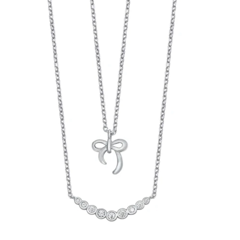 Sterling Silver Bow Pendant Necklace with CZ Accents – Layered Look